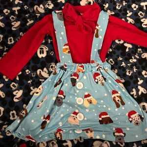 NWOT Girls Size M(3years) Festive Red Top with Dog Print Suspender Skirt